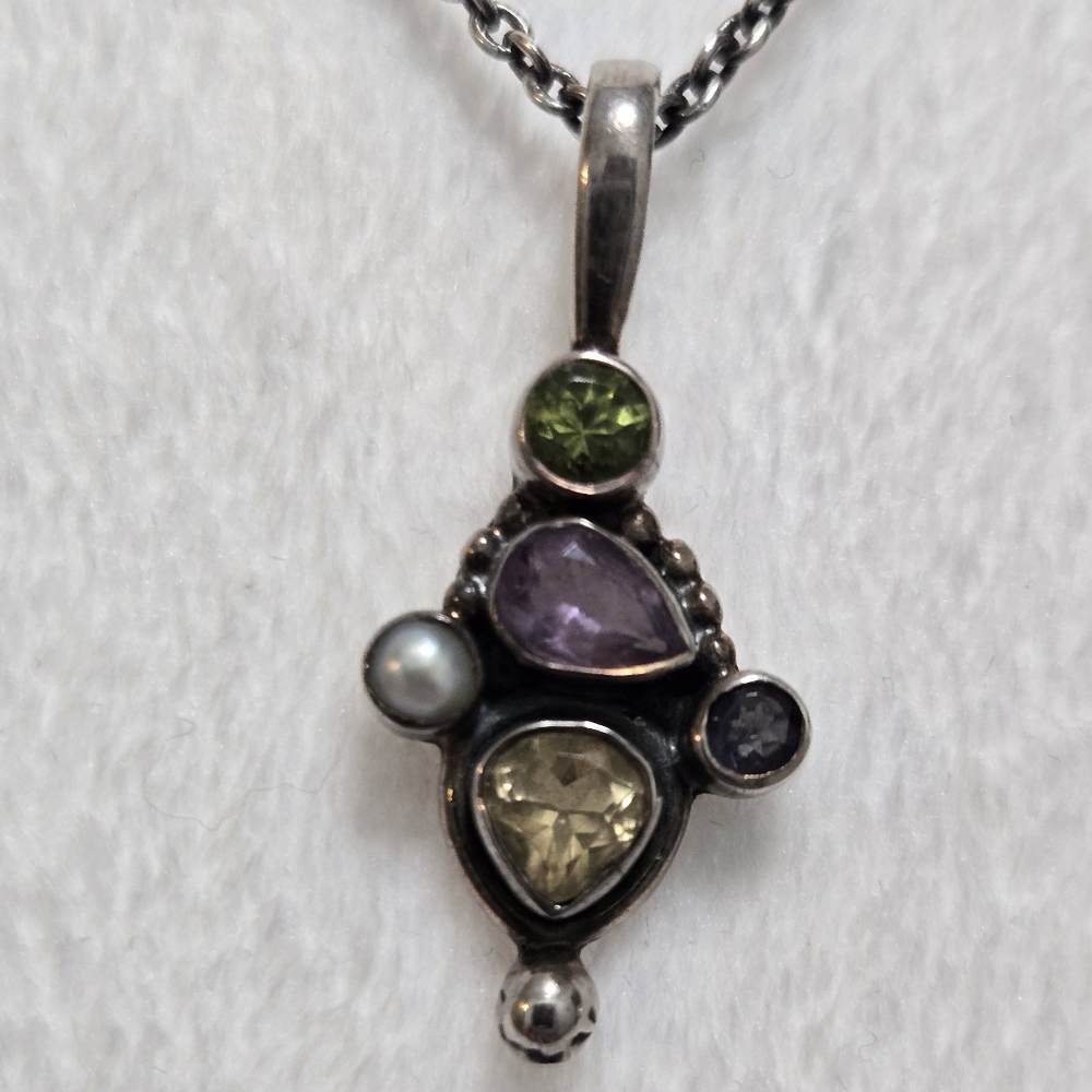 Genuine Multi-Gem Stone Sterling Silver Pendant Charm.